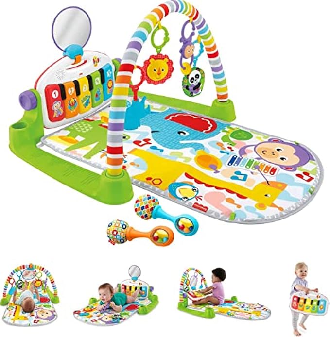 Fisher-Price Baby Playmat Deluxe Kick & Play Piano Gym & Maracas With Smart Stages Learning Content, 5 Linkable Toys & 2 Soft Rattles [Amazon Exclusive]