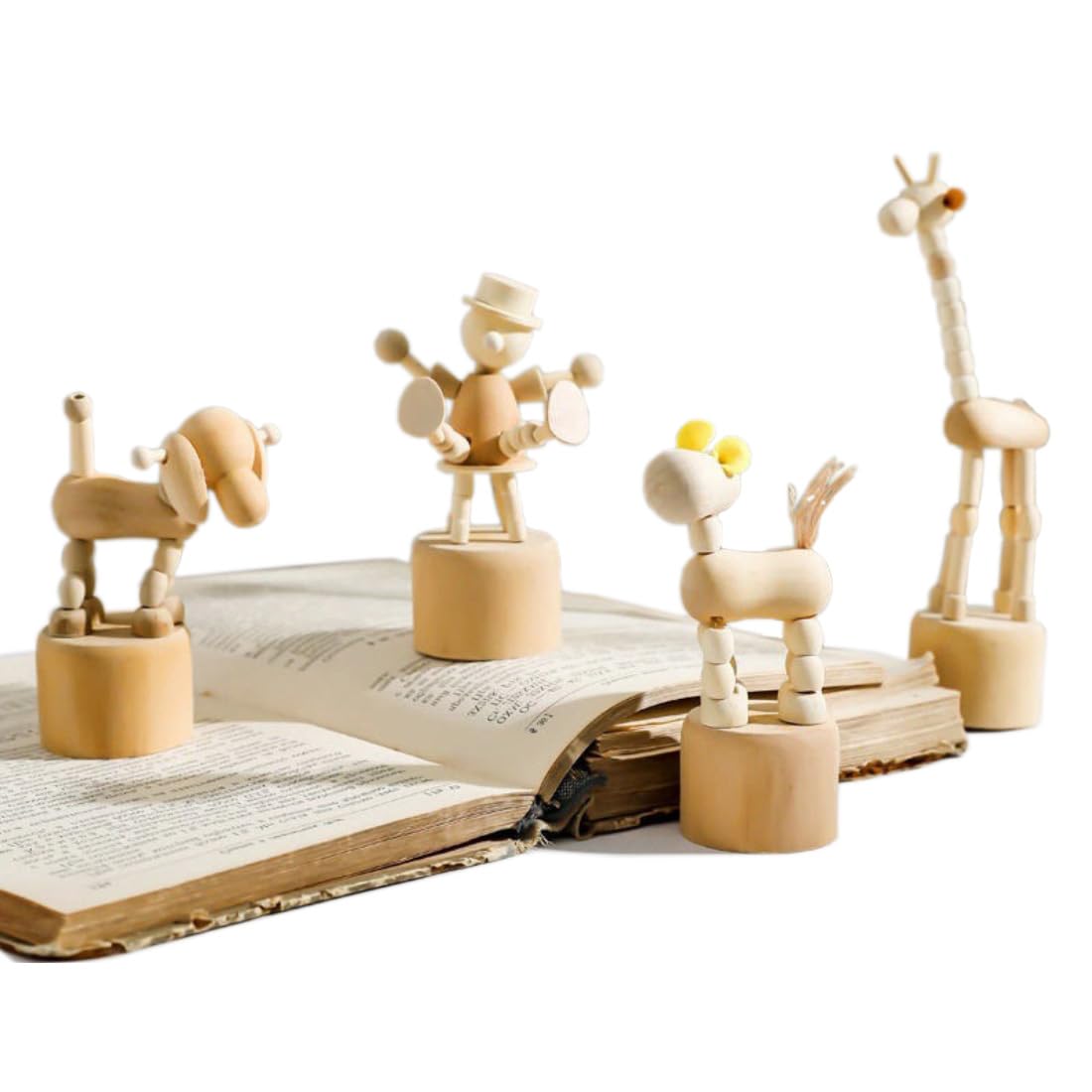 Wooden Push Up Animal Finger Puppets Toy - Wood Desk Ornaments Artwork Sculptures for Home Office Decoration (All Styles(4Pcs/Set))