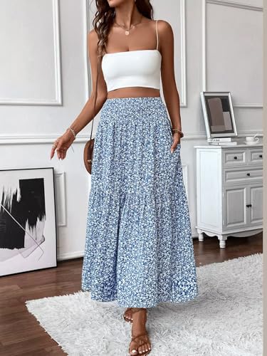 Women's Boho Floral Maxi Skirts 2025 Casual Flowy Swing Pleated A Line Weekend Beach Long Skirt3