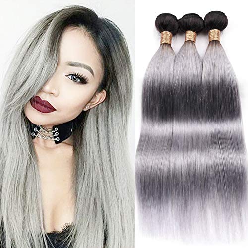 Ombre Brazilian Hair Straight 3 Bundles Color Black to Silver Grey Grade 7A Silk Straight Human Hair Sew in Weft Two Tone Hair Bundles 22 24 26 Inch