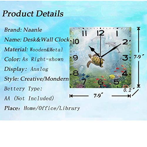 Naanle Stylish Underwater World Sea Turtle Dolphin Print Square Wall Clock, 8 Inch Battery Operated Quartz Analog Quiet Desk Clock For Home,Office,School #TOP2