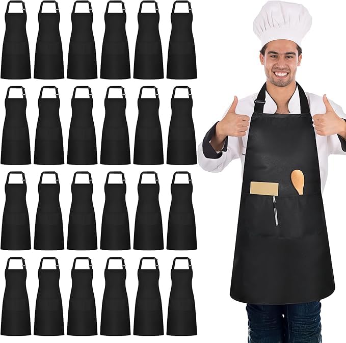 MALLOOM 24 Pack Chef Tabliers, Noir Tablier avec 2 Poches, Etanche Réglable Tablier pour Homme Femme,Tabliers Cuisine Professionnel pour Cuisine, Jardinage, Restaurant, Barbecue, Café