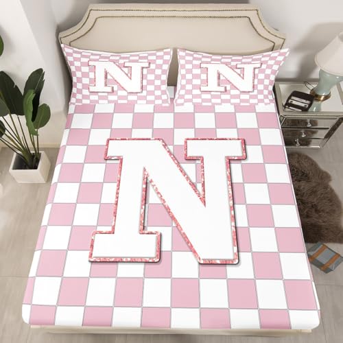 Image of Erosebridal Pink Initial N Bedding Set Queen Kawaii Plaid Checkered Bed Sheets Cute Personalized Monogram Sheet Set Kids Girls Teen Women,Fashion Grids Gingham Fitted Top Sheets 4 Piece