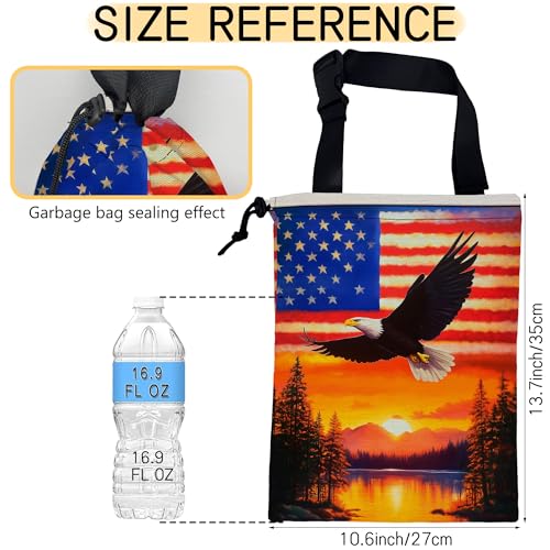 Image of Bald Eagle on American Flag Car Trash Bag,Sunset Mountain Forest Hanging Drawstring Car Garbage Bag,Canvas Car Back Seat Organizer with Adjustable Buckle for Men and Women