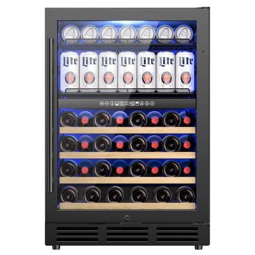 Image of 24 Inch Dual Zone Wine Fridge and Beverage Refrigerator, 63 Cans & 30 Bottles, Built-in Freestanding Under Counter Wine Cooler, UV Glass Door, Quiet Cooling, Lock, for Home Bar Office, Black