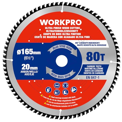 WORKPRO Lame de Scie Circulaire 165 mm 80 Dents ATB, Coupe Précise et Lisse pour Bois Massif, Bois Tendre, MDF et Contreplaqué