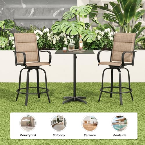 Image of Soohow Swivel Patio Bar Stools Set of 8, Textilene Padded Barstools Brown | 360 Swivel Tall Bar Height Chairs, Breathable Fabric, with Leveling Feet, Weather-resistant, for Balcony, Poolside, Yard