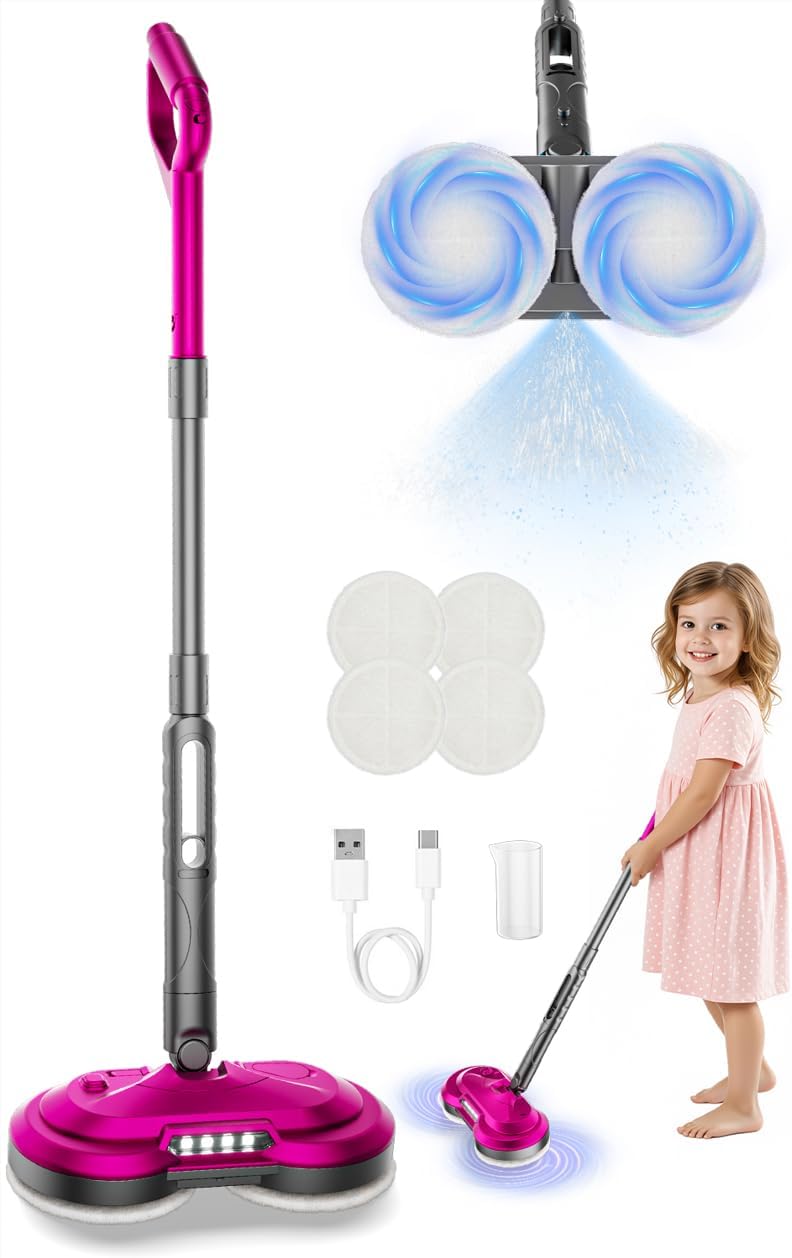 Kids Electric Mop Toy, Rechargeable Cordless Electric Spin Mop W/ Water Sprayer & LED Headlight for Children Ages 3 4 5 6+ Boys & Girls, Cleaning Toy for Pretend Play (Metallic Red)