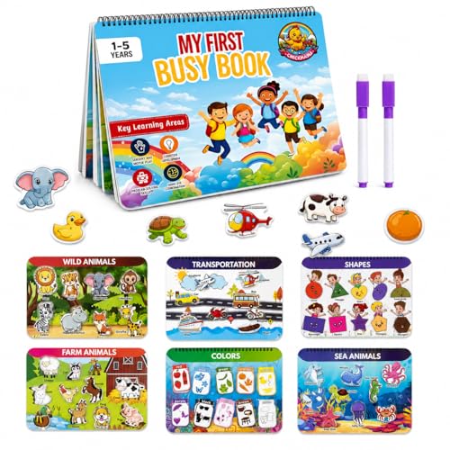 Image of CHICKMAMA Busy Binder Book for Toddlers 1-5 Years | 9 Velcro Activity Boards + 15 Write & Wipe Reusable Pages | 50+ Velcro Pieces | 2 Erasable Pens | Montessori Quiet Book | Educational Activity Toy