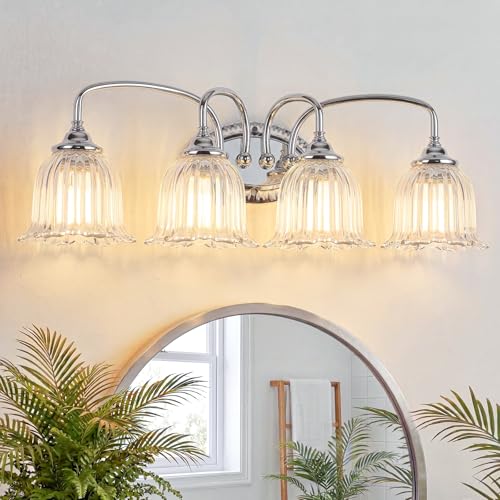 Image of Chrome 4-Light Bathroom Light Fixtures with Floral Glass Shade | Vintage Vanity Lights Wall Sconces Over Mirror for Bathroom Powder Room
