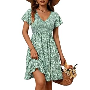 ROFUSSO Sommerkleider Damen Kurzarm V-Ausschnitt Midi Kleider Blumenmuster Kleider Leichte Sommerkleider Luftige Strandkleider(Grün,M)