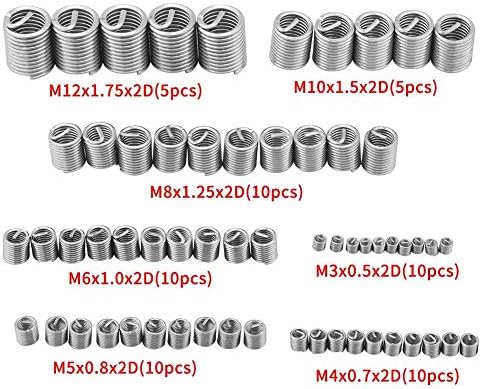 Walfront 60pcs Stainless Steel Wire Thread Repair Insert Assortment, M3 M4 M5 M6 M8 M10 M12 Helicoil Type Free Running Wire Thread Repair Insert Kit