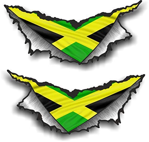 Small Pair of Triangular Ripped Torn Metal Rip And Jamaica Jamaican Flag Motif Vinyl Car Sticker Decal 75x35mm Each