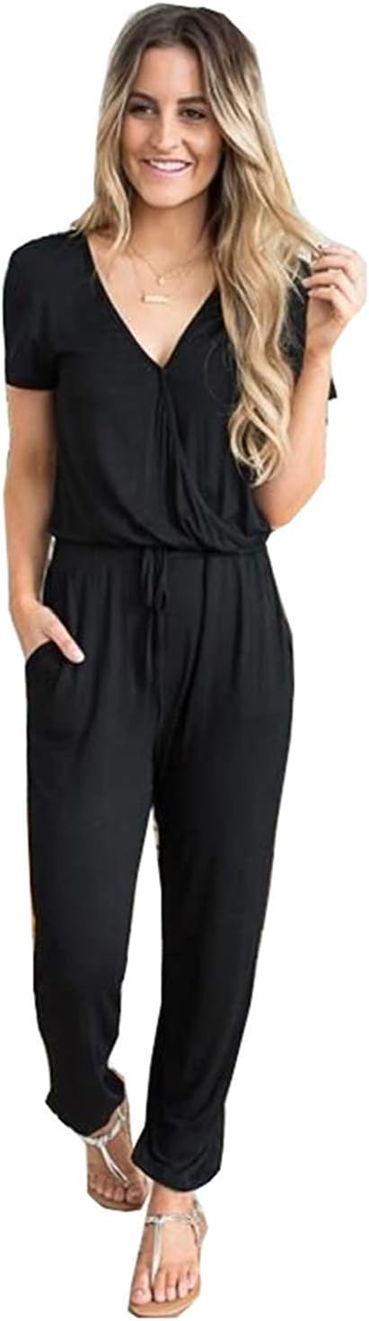 Cinyifaan Women's V Neck Casual Loose Long Jumpsuits Romper Playsuit with Belt,X-Large,Black