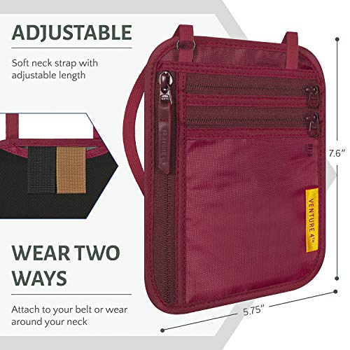 Venture 4Th Rfid Blocking Travel Neck Wallet For Men & Women - Slim Minimalist Design Security Neck Pouch - Ideal Passport Holder To Keep Your Cash, Credit Cards, And Phone Safe When Traveling (Red) #TOP3