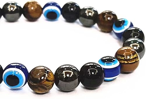 Miniatura 7 de Pulseras de triple protección contra el mal de ojo con hematita, obsidiana negra, ojo de tigre, para hombres y mujeres, pulseras de piedra de