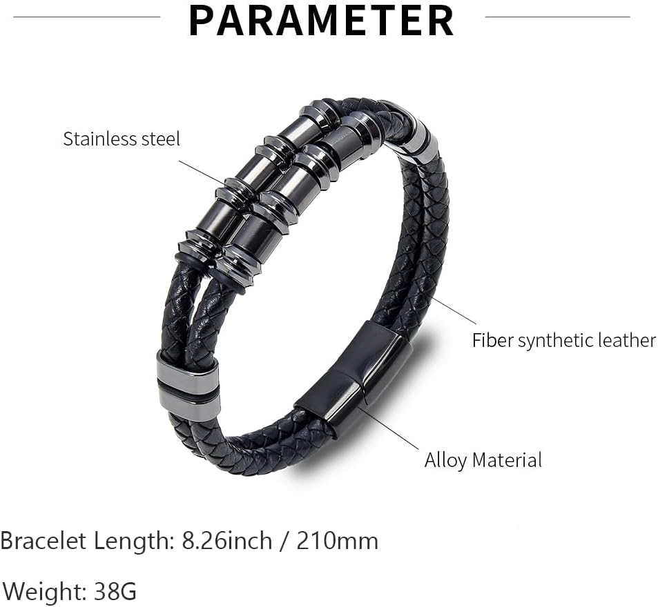 Leather Bracelet for Men Multi-Layer Braided Leather Bracelet Stainless Steel Bangle Bracelet Wristband Jewelry Gifts for Men - Image 6