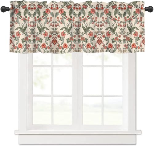 VUMIVI William Morris Valance Curtain Red Flowers Many Green Leaves Abstract Plants Window Treatments for Kids Boys Girls Bedroom Kitchen Living Dining Room Office 54x18inch