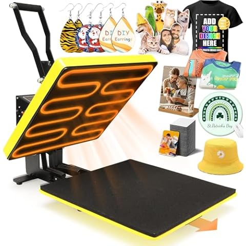 Whubefy Heat Press Machine for T-Shirts 15x15 Slide Out Drawer with Counting Function & 3 Pre-Set Modes, Pressure Knob, Digital Industrial Clamshell Sublimation Printer Heat Transfer Vinyl DIY Yellow Cover