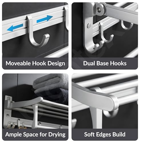 Image of Plantex Aluminium Foldable Towel Rack in Bathroom /Space Towel Holder /24 Inch Towel Hanger /Adjustable Hooks with Ample Space /Bathroom Accessories - Pack of 1 (Silver)