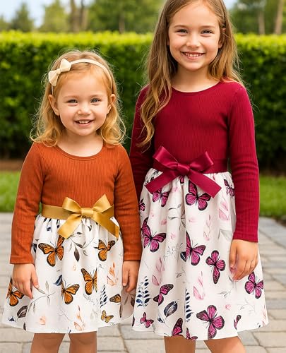 Girls Long Sleeve Butterfly Print Dresses with Tie Belt for Princess Brithday Party 4-8 Years(Red+Brown)3