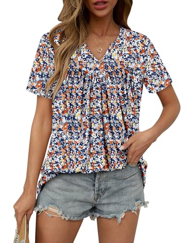 KISSMODA Tops for Womens Summer Cute Short Sleeve Shirts Trendy Notched Neck Blouses Casual Loose Pleated Tunics S-3Xl
