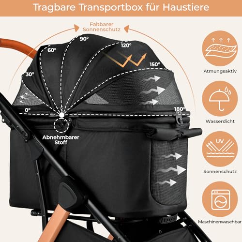 MAMIZO Faltbarer Hundebuggy One-Touch, Faltbar Katzenwagen, Bis 25 kg, Aluminium-Carbonstahl-Gestell, Höhenverstellbarer Griff, Getränkehalter, 4 PCS 360° Gummiräder, für kleine Hunde Katz, Schwarz