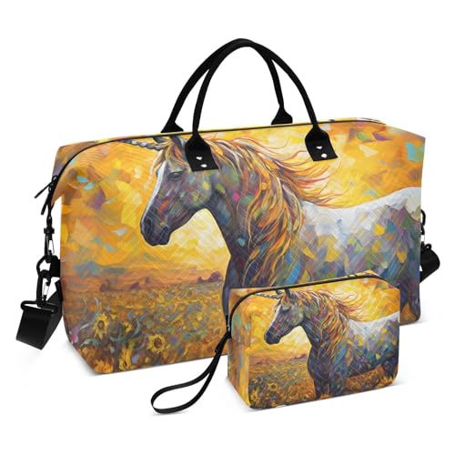 Large Travel Duffel Bag, Oil Painting Sunflower and Horse Sports Tote Gym Bag, Shoulder Weekender Overnight Bag for Women Men, Carry On Luggage with Toiletry Bags