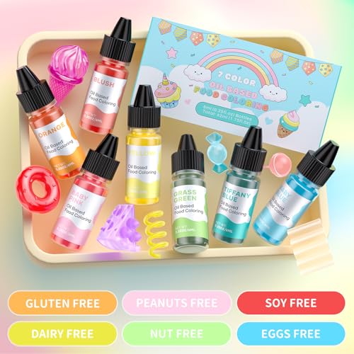Image of Cherrysea Oil Based Food Coloring for Chocolate Macaron Oil Edible Food Dye Set for Halloween Baking Royal Icing Cookie Supplies Gluten Free 7x6ml Food Grade Food Color Kit, 0.25 Fl. Oz /Bottles