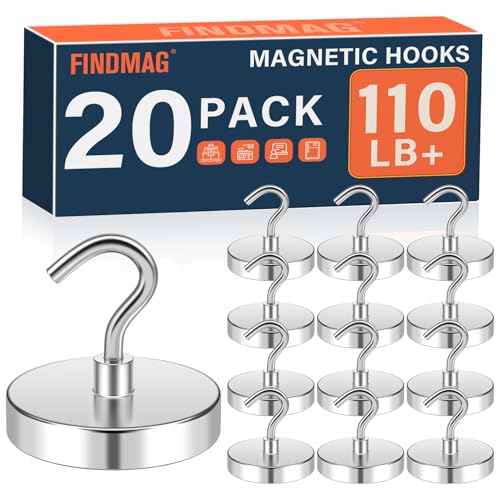 Image of FINDMAG 20 Pack Magnetic Hooks, 110LB+ Magnet Hooks Heavy Duty, Silver