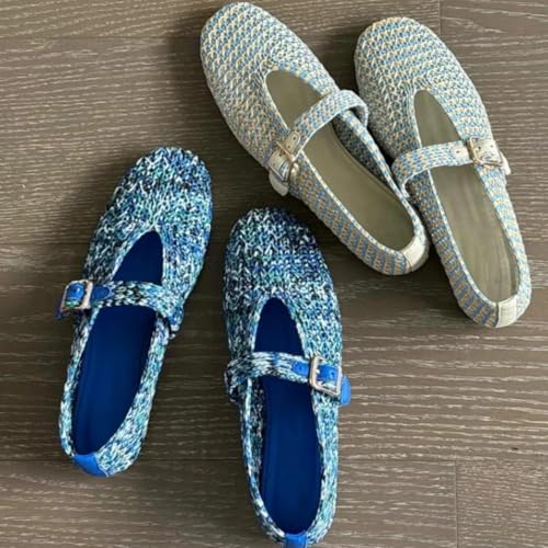 ZQW Woven Mesh Mary Jane Ballet Flats for Women Genuine Leather Raffia Slip-On Breathable Comfortable Summer Casual Shoes3
