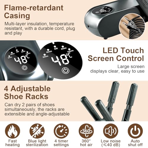 Schuhtrockner Elektrisch Antibakteriell Fußballschuhe Shoe Dryer Schuh Trockner Schuhheizung Elektrischer Skischuhtrockner Faltbares Schuhwärmer Fussballschuhe Stiefeltrockner mit Timer +Schuh-Tücher