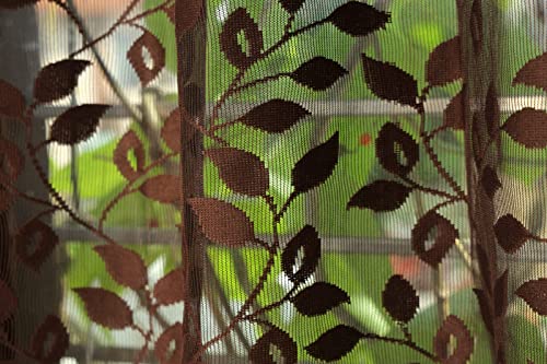 Image of Leaves Design Semi Transparent Window Curtain 5 feet Long Set of 2 pcs Drawing Room Parde | Pooja Room Curtain Panel | Sheer Curtain, Coffee Color