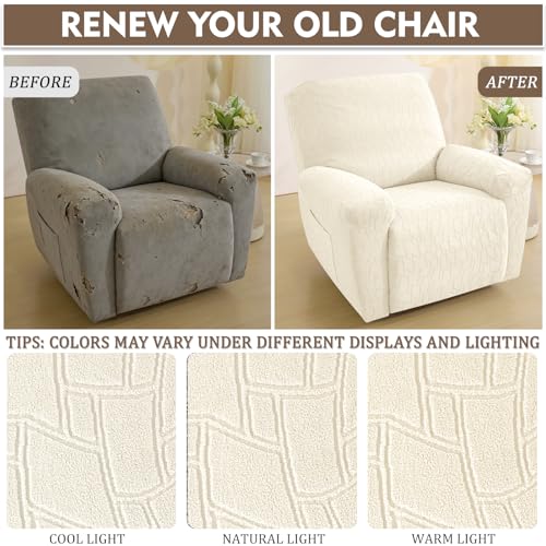 Image of ZNSAYOTX 100% Waterproof Recliner Chair Covers, 3-Piece Stretch Fit Recliner Slipcovers with Buckle & Elastic Band for Lazy Boy, Stay in Place, Soft Plaid Jacquard Protector (X-Large, Beige)