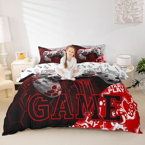Housse de couette manette de jeu 3D rouge lit double avec 2 taies d'oreiller - 4