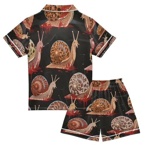 Satin Pajama Sets Short Sleeve Snail Pattern with Blood Halloween Button Down Silky Nightwear 2 Piece PJS 5-14Y2