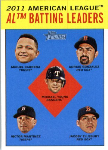 2012 Topps Heritage Baseball Card 2 Miguel Cabrera/Adrian Gonzalez/Michael Young/Victor Martinez/Jacoby Ellsbury LL (AL Batting League Leaders)