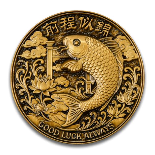 Lucky Charm Challenge Coin Set - Good Luck Always & Fortune Design with Koi Fish, Lotus, Gold Ingots - Traditional Asian Gift for New Year, Wedding, Business Success