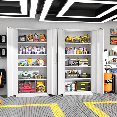 Image of Greenvelly Metal Garage Storage Cabinet,Steel Lockable Storage Cabinet with 2 Doors and 4 Adjustable Shelves,Tall Metal Cabinet Locking File Cabinet for Office,Home, Garage, Gym, School