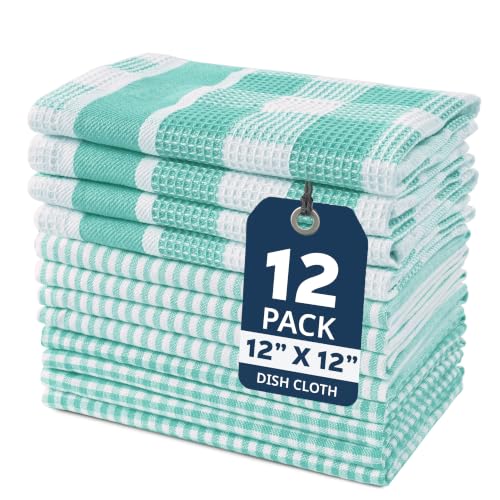 Image of LANE LINEN 100% Cotton Kitchen Dish Cloths, Ultra Soft Absorbent Quick Drying Dish Towels, Multiweave Wash Cloths Dish Towel Sets, 12x12 Inches, 12 Pack - Aqua