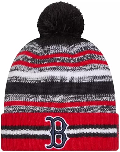 New Era Boston Red Sox Onfield Sport Red Striped Cuffed Baseball Knit Beanie Hat Pom - MLB Cheer Cuff Knit Cap