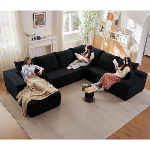 Image of Sectional Cloud Couch with L-Shape Chaise, Upholstered Corduroy Couches Stupendous U Shaped Sofas, Modern Modular Comfy Sofa with Deep Seat for Living Room Bedroom, No Assembly Required, Black