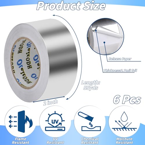 Image of Oleitodh 6 Pack Aluminum Foil Tape Bulk - 2 Inch x 55 Yards - 2.7mil Heavy Duty Metal Duct Tape, Aluminum HVAC Tape for Sealing & Patching, Air Ducts, Insulation Metal Repair, Professional Grade