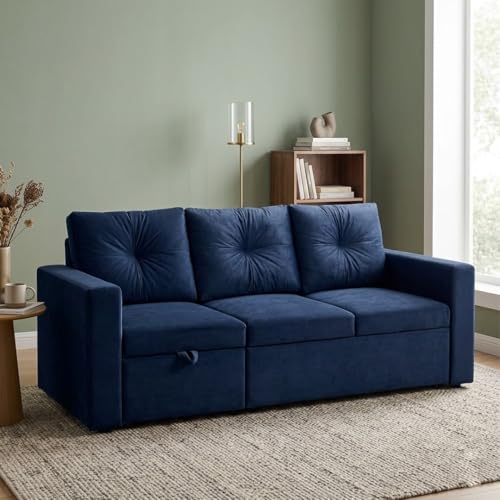 Image of FURNY Tira 4 Seater LHS Lounger Sofa Cum Bed (Dark Blue) with Pull-Out Function | Luxury Velvet Suede Finish | Durable Comfort | Ideal for Living Room