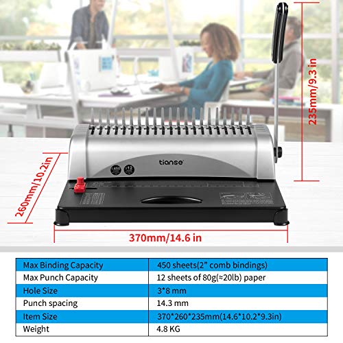 Binding Machine, 21-Holes, 450 Sheets, Comb Binding Machine with Starter Kit 100 PCS 3/8'' Comb Binding Spines, Comb Binding Machine Perfect for Letter Size, A4, A5 or Smaller Sizes Office Documents