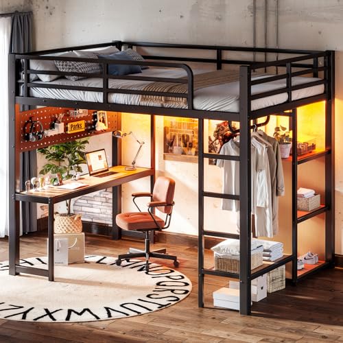 Image of Bellemave Metal Full Size Loft Bed with Desk and LED Lights,Heavy Duty Loft Bed Frame with Storage Shelves and Charging Station for Kids,Teens,Adults, Space Saving,Black