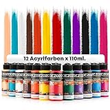 🎨 GROßE FARBAUSWAHL: Das Set enthält 12 Farben Acrylfarbe (je 110 ml) die in einer farbigen Schachtel gut verpackt sind. Folgende Farben sind im Set enthalten: Weiß, Schwarz, Gelb, Orange, Braun, Fuchsia, Rot, Violet, Blau, Aqua, Grün, Hautfarbe