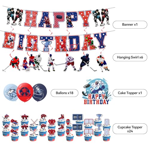 Image of Hockey Birthday Decoration Set, Ice Hockey Sport Happy Birthday Banner, Party Supplies with Banner, Hanging Swirl, Balloon, Cake Topper, Cupcake Topper
