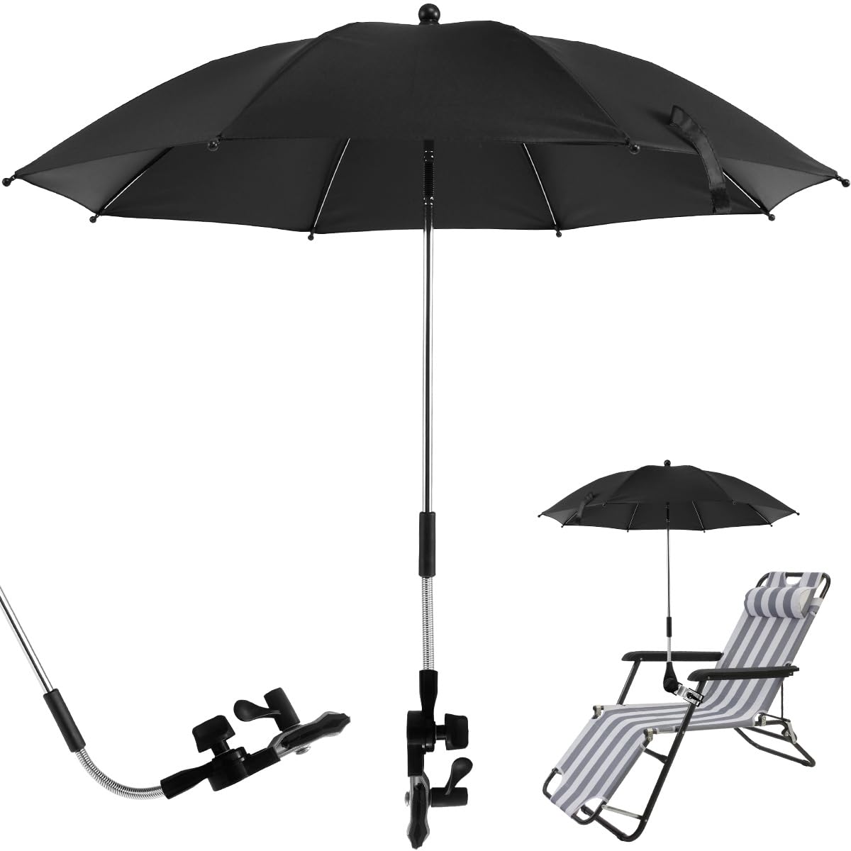 CBWERBB Beach Chair Umbrella Beach Umbrella with Clamp Sun Protection Stroller Parasol Rainproof and Windproof for Outdoor Patio Stroller Wheelchairs Patio Beach Chair (Black, 82 cm)