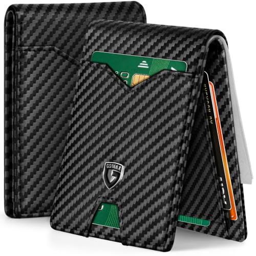 GSOIAX Carteira masculina fina de couro com bloqueio de RFID, bolso frontal, fibra de carbono, clipes para dinheiro, porta-cartões de crédito com caixa de presente, Carbono, 4.3 x 3 x 0.5 inches, Slim